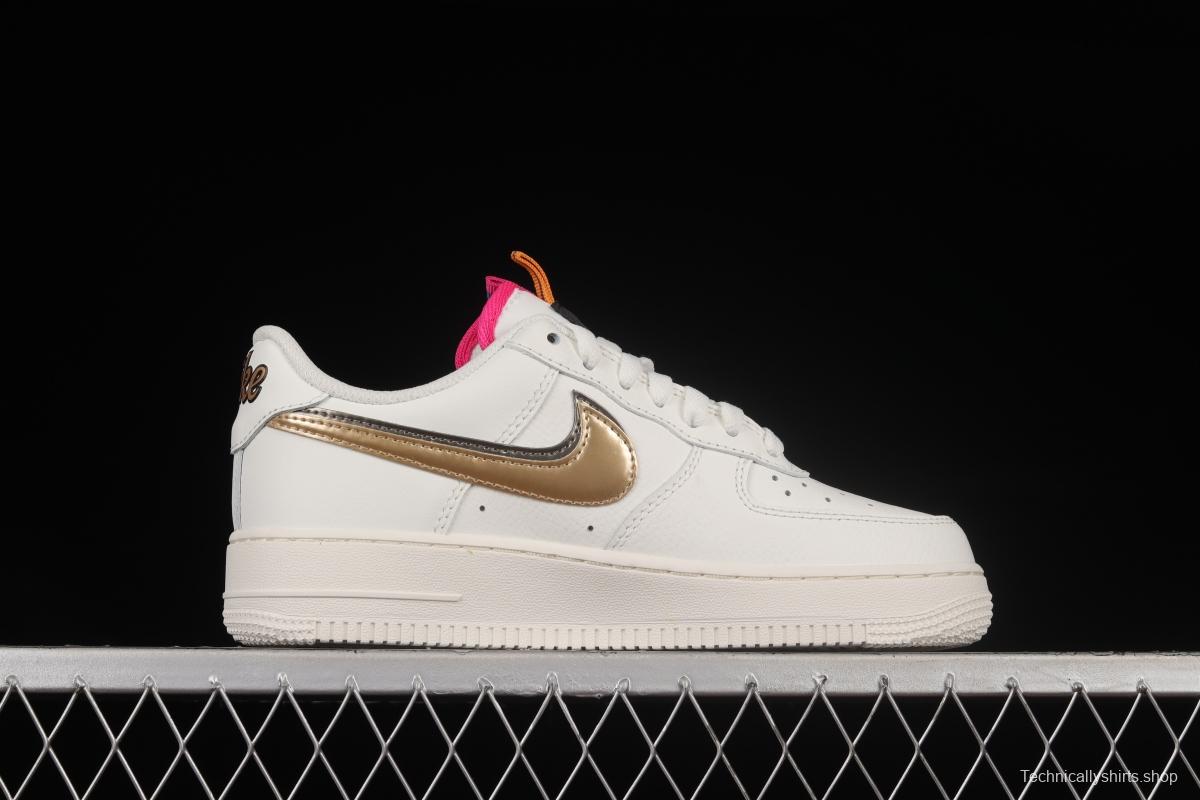 NIKE Air Force 1'07 Low Double Swoosh Grey Gold Double Hook Low Top Casual Sneakers DH9595-001