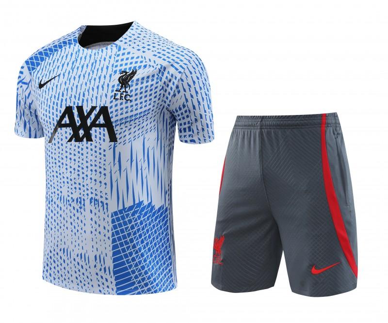 23-24 Liverpool White/Blue Grid Short Sleeve+Shorts