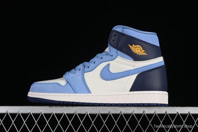 Nike Air Jordan 1 High OG "First in Flight" Basketball Shoes with UNC Blue and Yellow Accents - FD2596-400