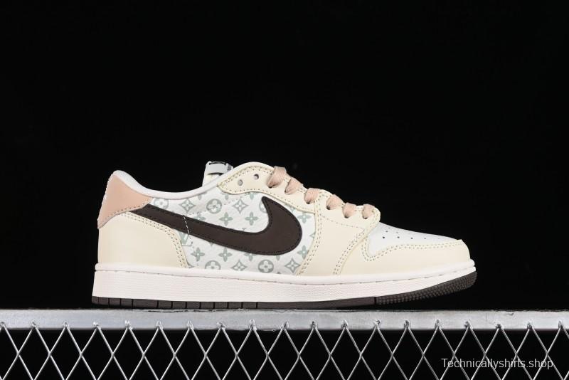Nike Travis Scott x Fragment Design x Jordan Air Jordan 1 Low OG SP AJ1 LV Beige Brown Print Casual Sneakers - LJ5188-006