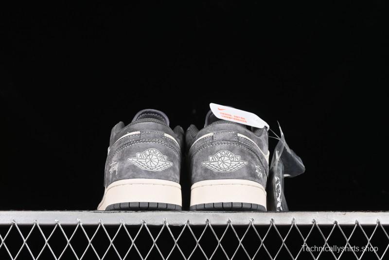 Nike Air Jordan 1 Low AJ1 Stussy Collaboration - Grey Pigskin Custom Low-Top Basketball Shoes - SJ9950-010