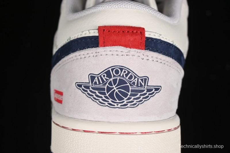 Nike Air Jordan 1 Low Supreme Collaboration - Pig Grey Print Custom Retro Basketball Shoes - LJ6688-009