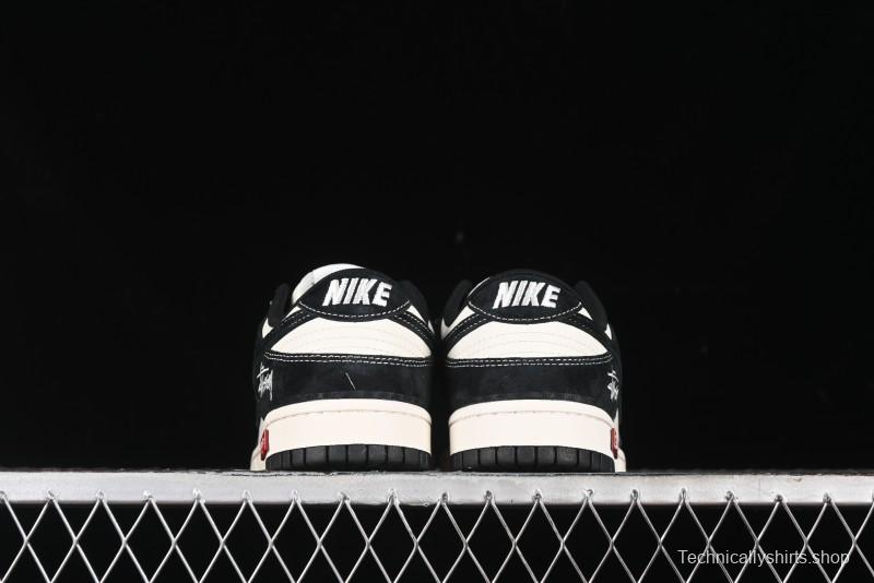 Nike SB Dunk Low Supreme x Stussy Triple Collaboration - Black White Black Swoosh Anniversary Custom Low Top Casual Skate Shoes - SJ2068-300