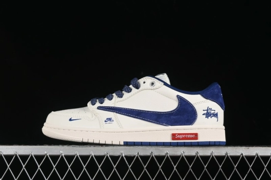 Nike Travis Scott x Fragment Design x Air Jordan 1 Low OG SP AJ1 Supreme Stussy Collaboration - Suede Blue Swoosh Low-Top Casual Sneakers - SJ2068-127