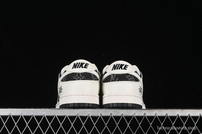 Nike SB Dunk Low LV Collaboration - Beige Black Printed Denim Anniversary High-End Custom Low-Top Casual Skate Shoes - XB3802-357