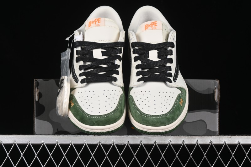 Nike Travis Scott x Fragment Design x Air Jordan 1 Low OG SP AJ1 Bape Collaboration - Jungle Green Low Top Casual Sneakers - XY2688-107