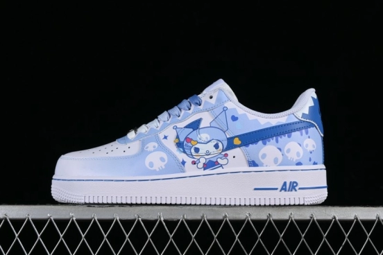 Nike Air Force 1 '07 Low Witch Collaboration Custom Leather Sneakers with Skull Design and Gradient White-Blue - CW2288-111