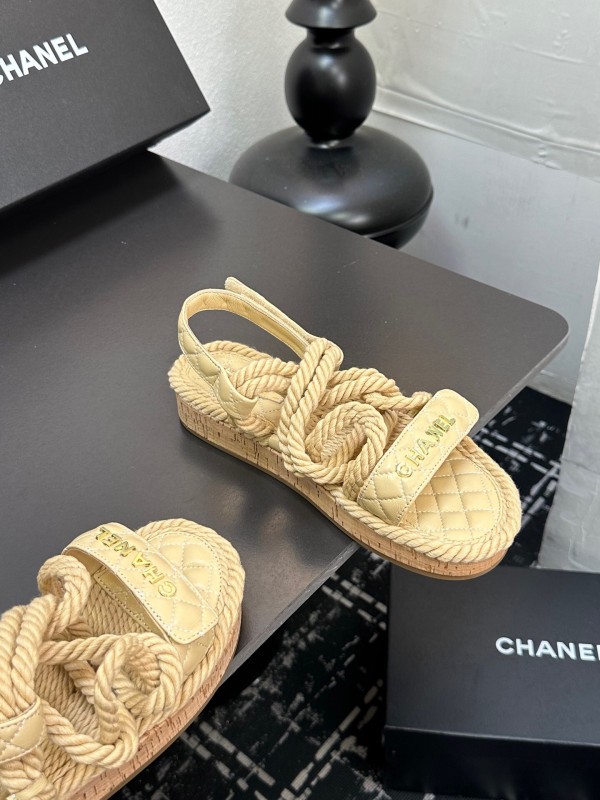 2025 Women Chanel Beige Rope Leather Slingback Sandals