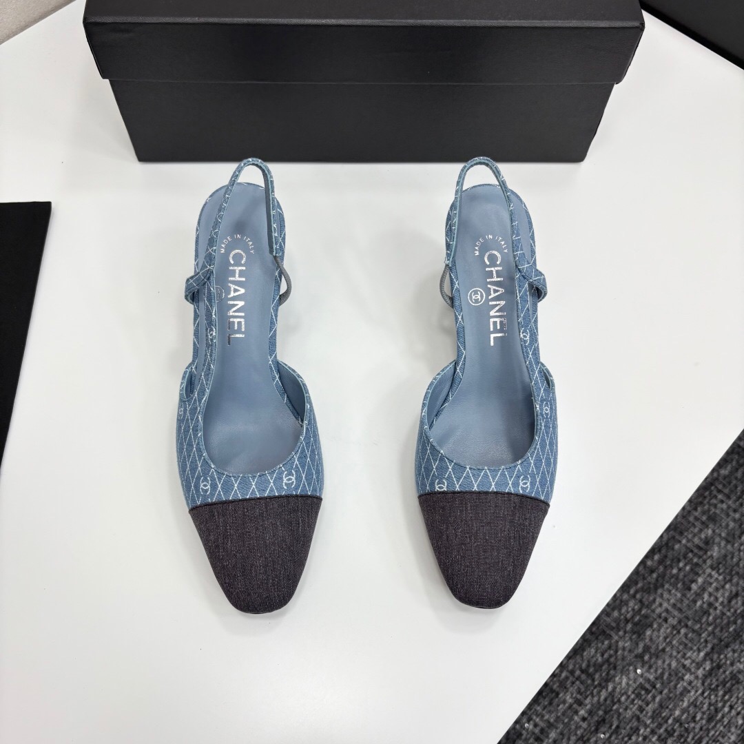 2025 Women Chanel Blue Grey Denim Leather Slingback Shoes