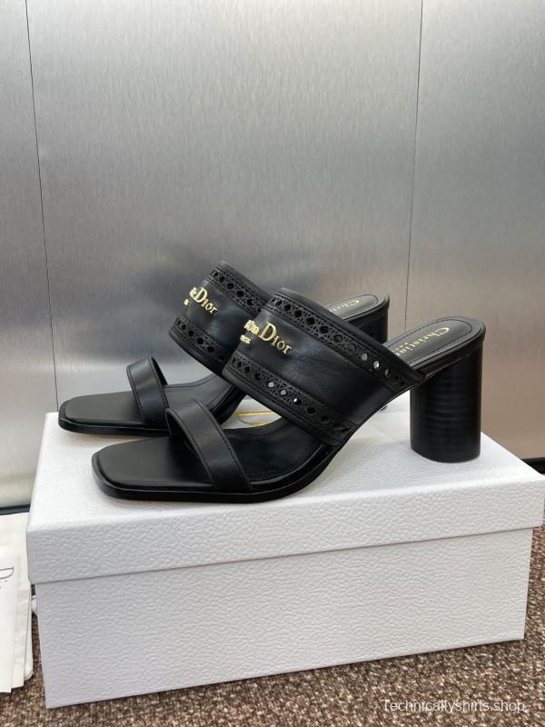 2024 Women Dior Black Leather Slide Sandals