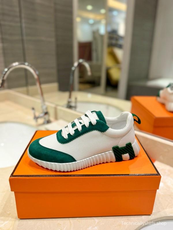 2024 Unisex Hermès White Green Mesh Suede Sneakers MJ00320