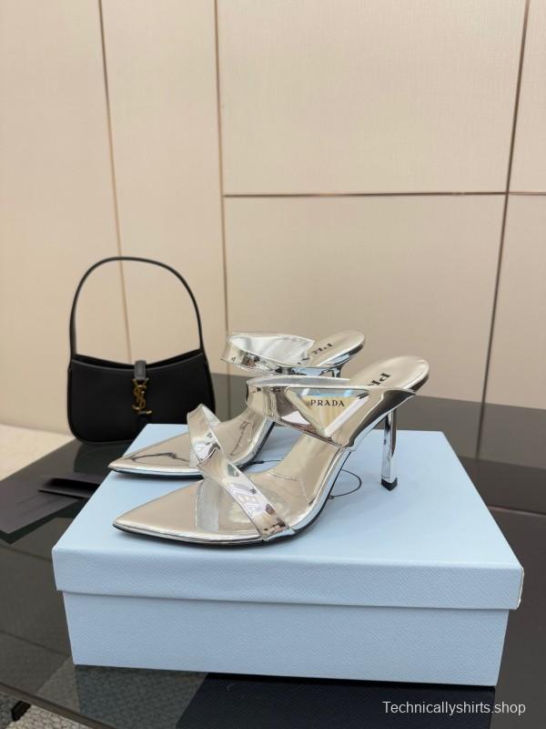 2025 Women Prada Silver Leather Pointed Toe Sandals