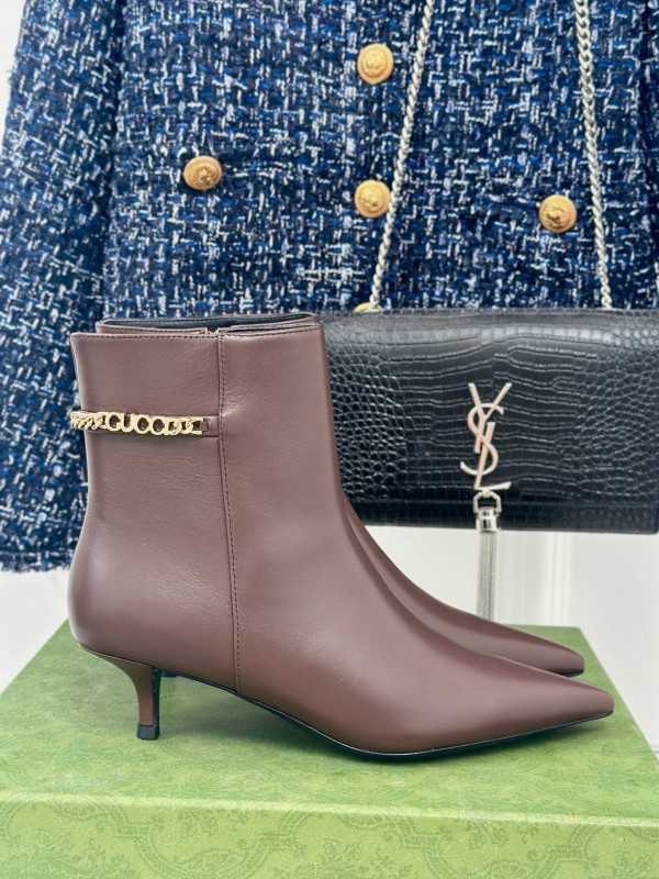2024 Women Gucci Brown Calfskin Ankle Boots Chain Detail MJ00410