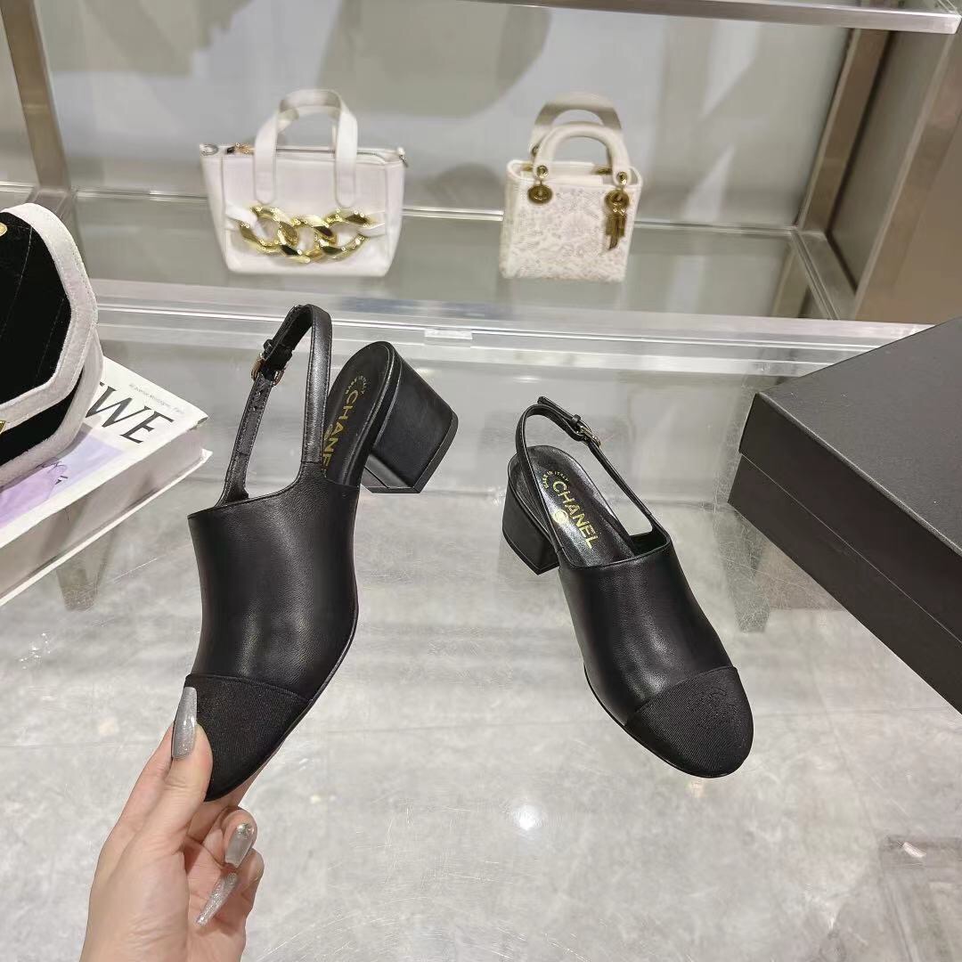 2025 Women Chanel Black Leather Slingback Heels LY00300