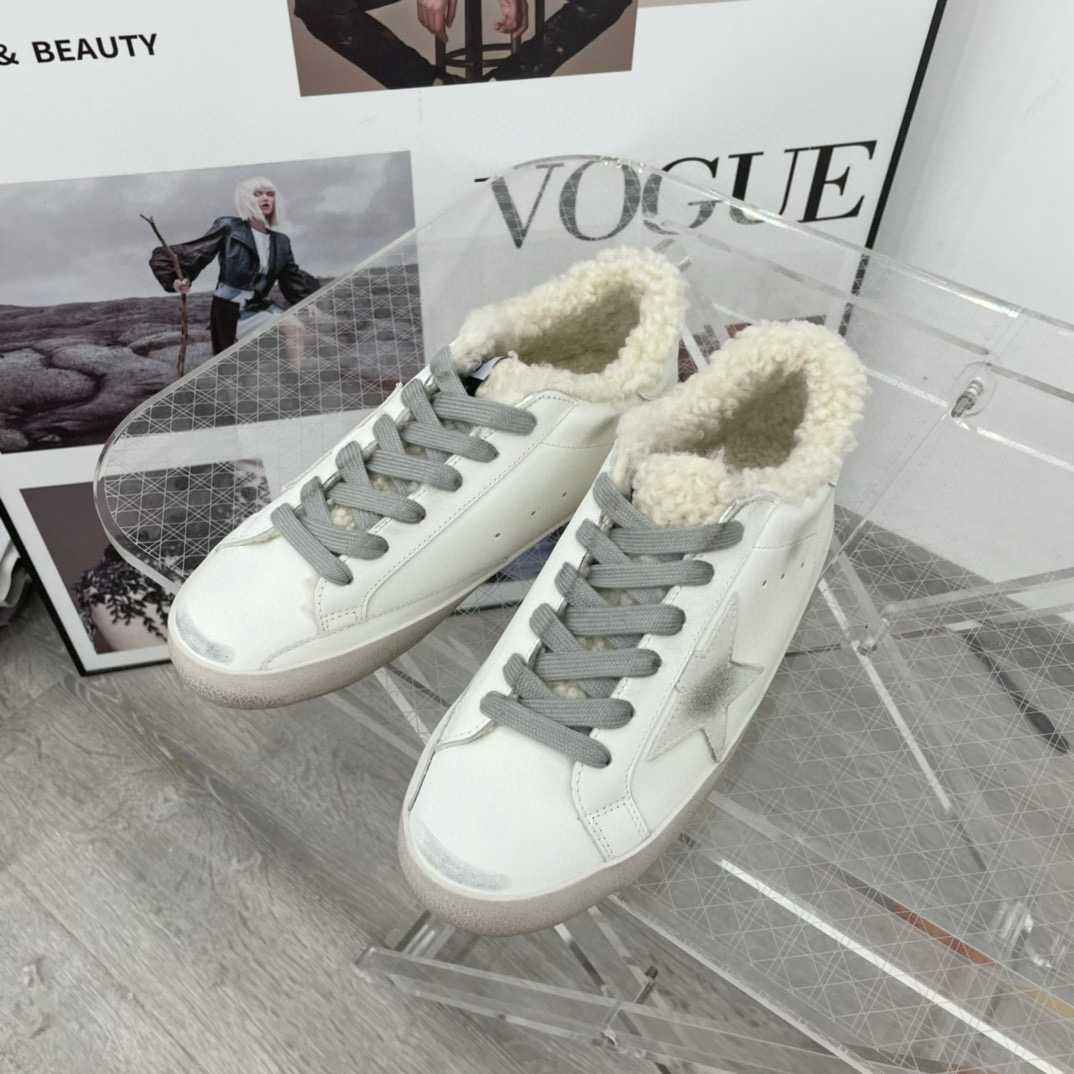 2025 Women GGDB White Grey Leather Shearling Sneakers