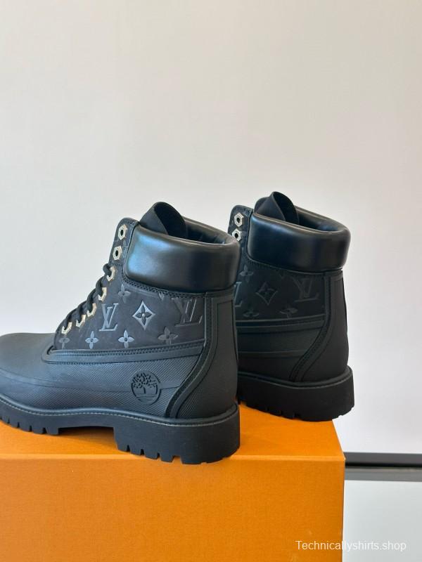 2024 Men Louis Vuitton Black Leather Monogram Work Boots MJ00390