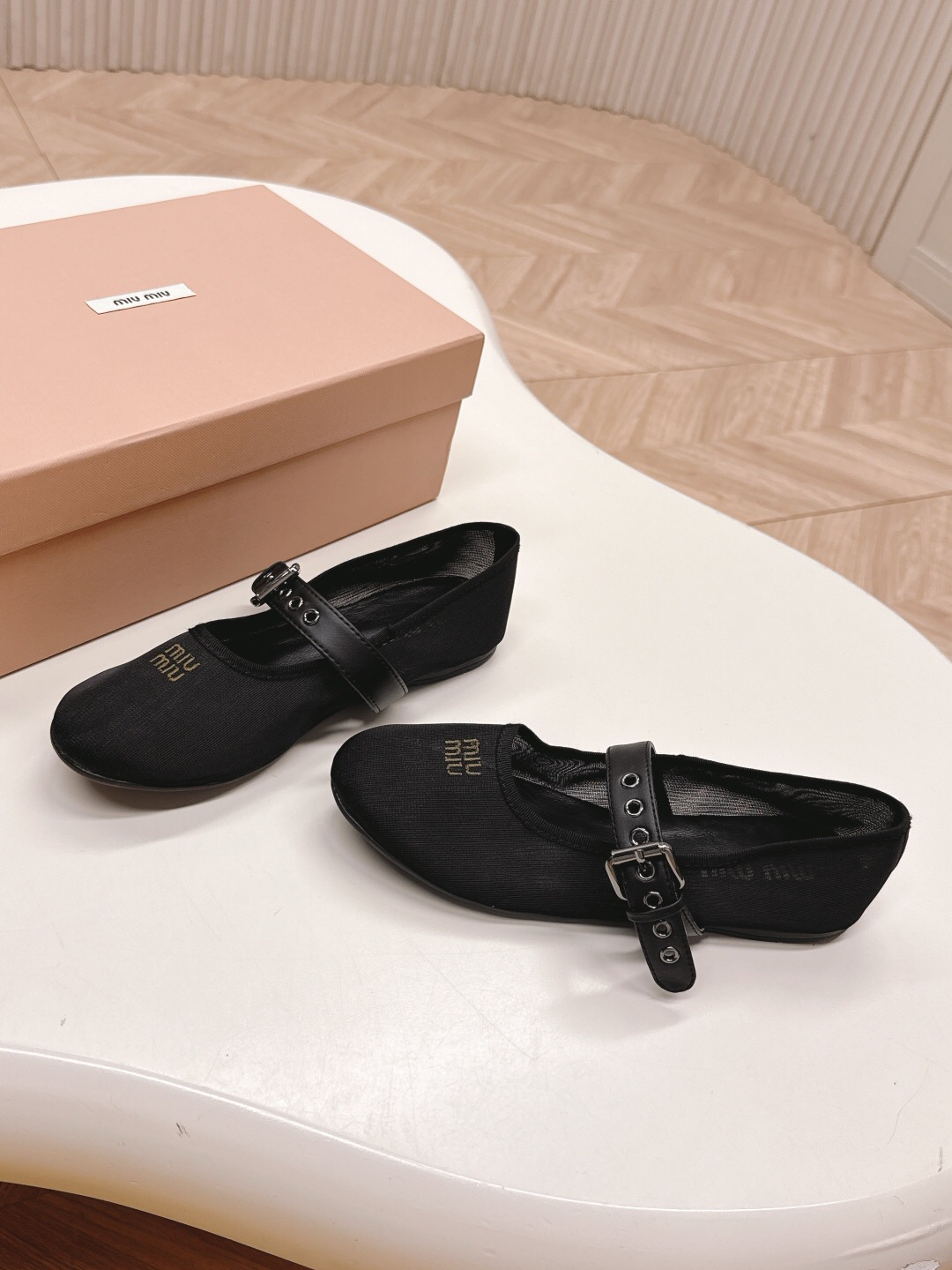 2025 Women Miu Miu Black Mesh Leather Ballet Flats LY00230