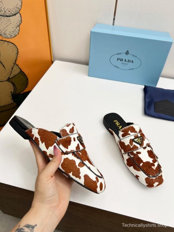 2025 Women Prada Brown White Calf Hair Leather Slippers LY00260