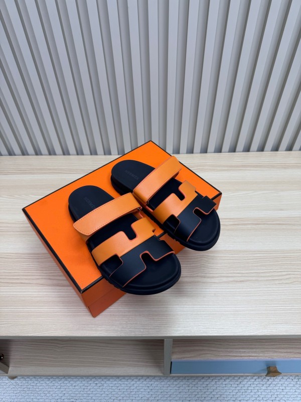 2025 Women Hermès Orange Black Leather Slippers