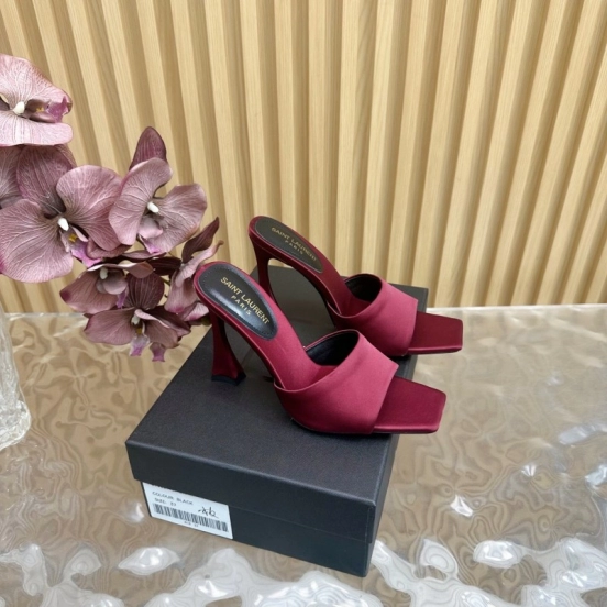 2025 Women Yves Saint Laurent Burgundy Satin High Heel Mules