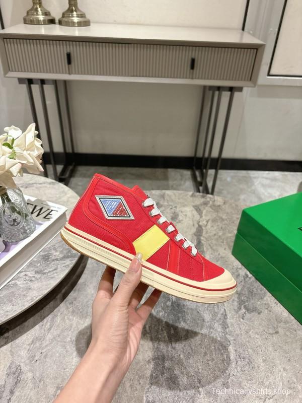 2025 Unisex Bottega Veneta Red Yellow Canvas Leather Sneakers Hand Painted KFY00260(F/M)