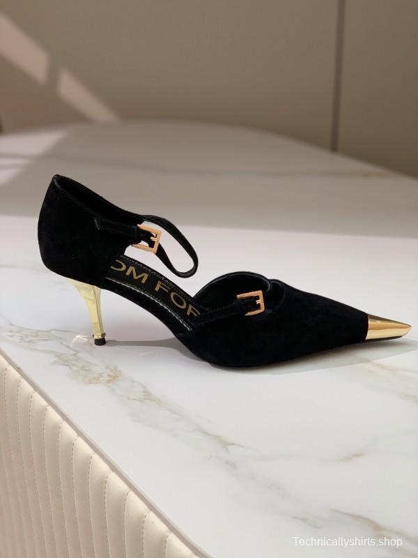 2025 Women TOM FORD Black Gold Suede Leather Pointed Pumps KFY00320