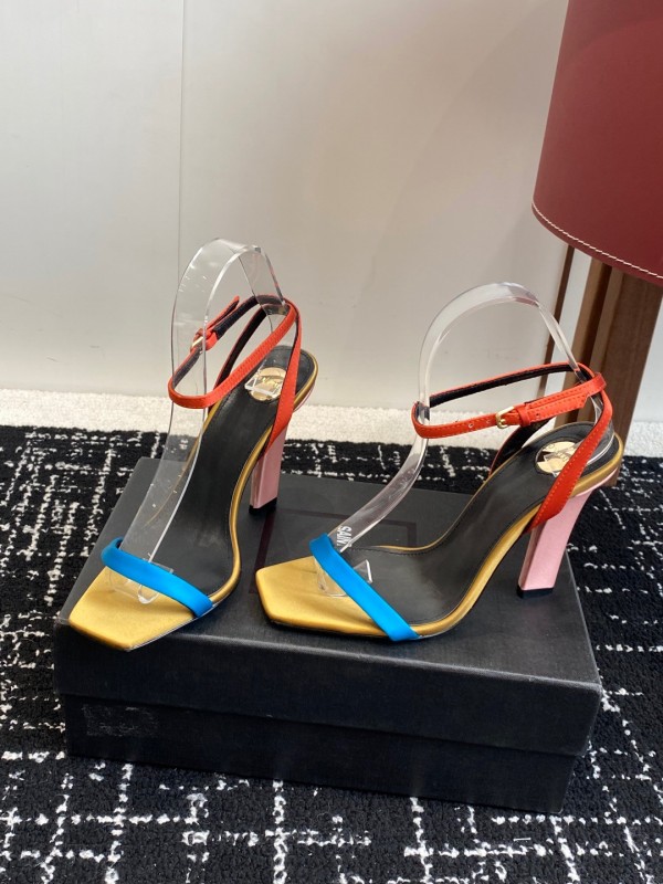 2025 Women Yves Saint Laurent Orange Black Blue Leather High Heel Sandals