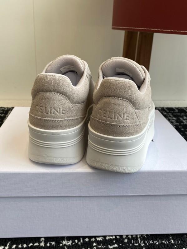 2025 Women Celine Beige Suede Platform Sneakers CELINE Embroidery