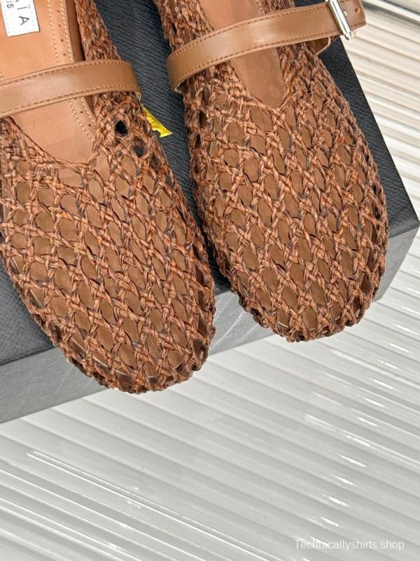 2025 Women AlAIA Brown Leather Woven Mary Jane Shoes