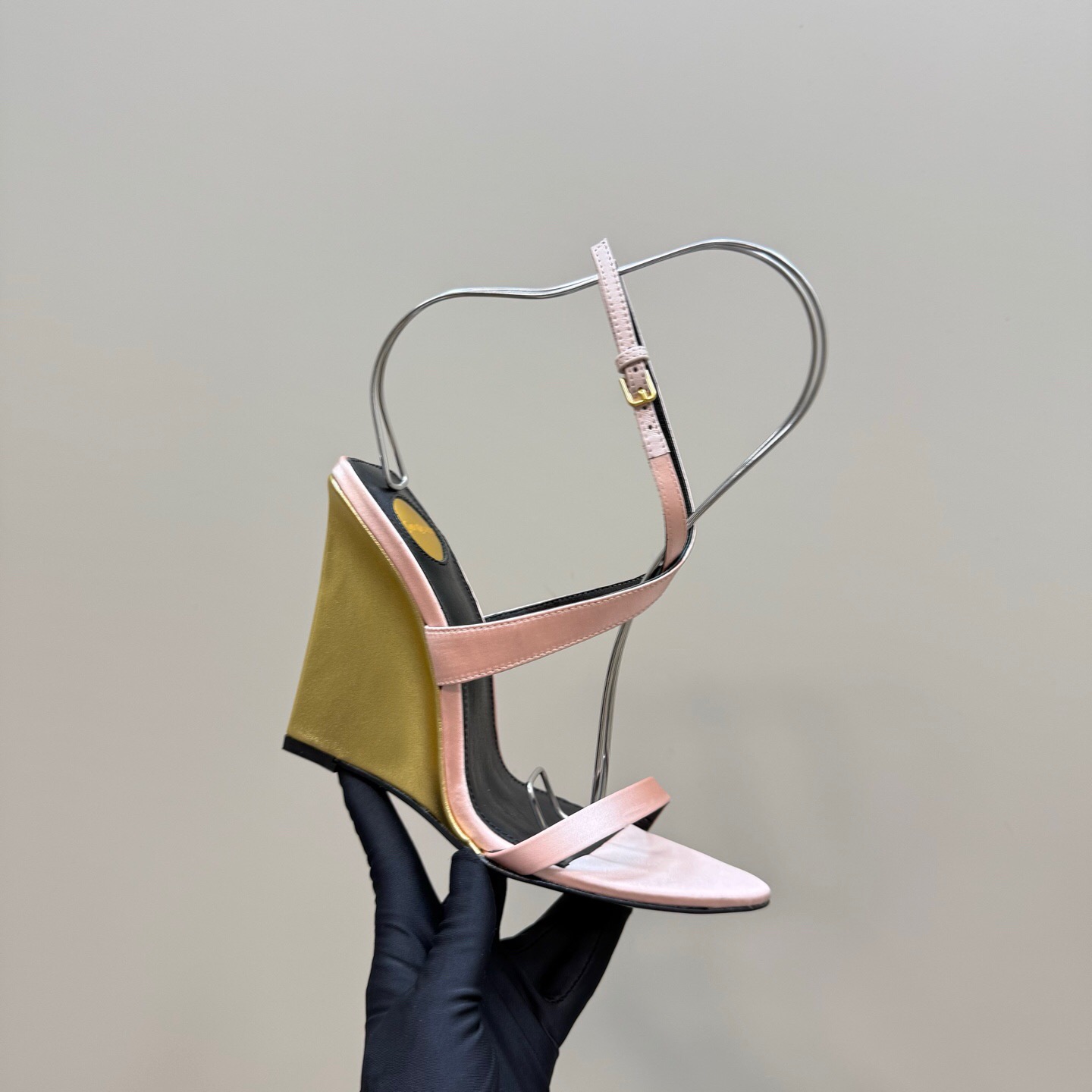2025 Women Yves Saint Laurent Pink And Olive Silk Wedge Sandals Elegant Design KFY00290(F)