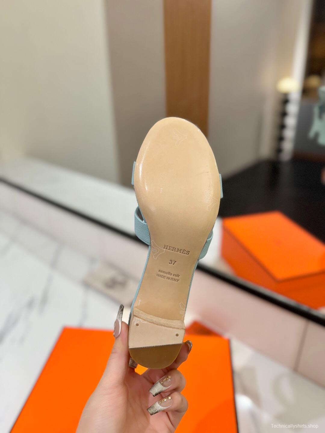 2025 Women Hermès Light Blue Leather Sandals