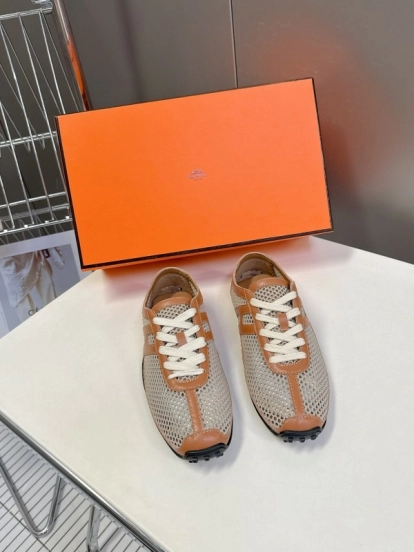 2025 Women Hermès Beige Brown Leather Mesh Sneakers KFY00250