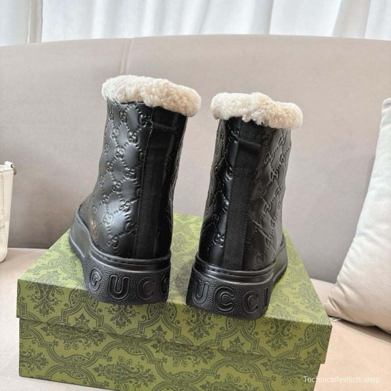 2024 Women Gucci black leather shearling snow boots MJ00350