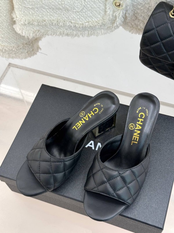 2025 Women Chanel Black Sheepskin Quilted High Heel Sandals