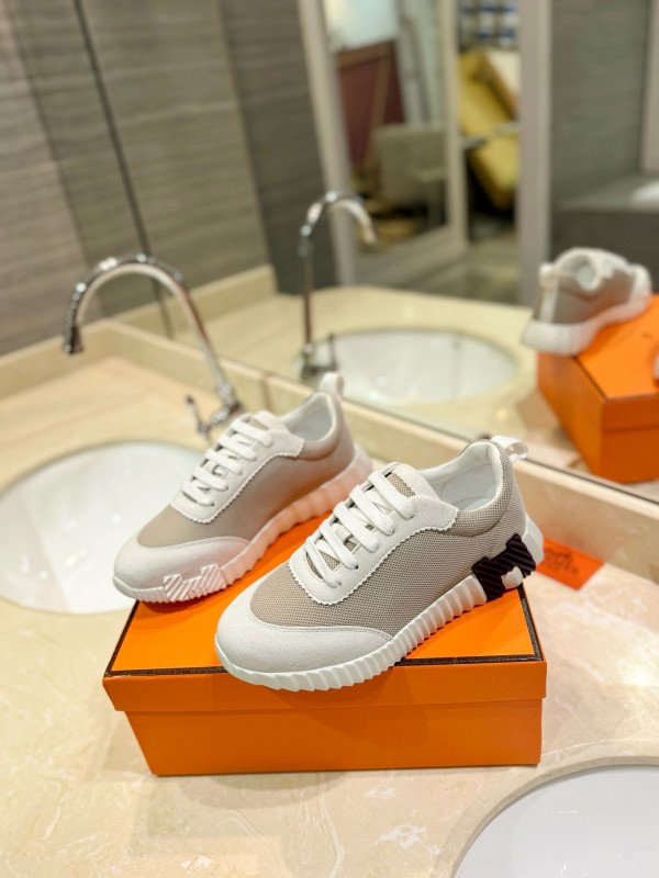 2024 Women Hermès White Beige Mesh Leather Sneakers MJ00320