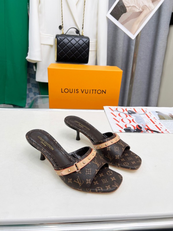 2025 Women Louis Vuitton Brown Leather Kitten Heel Mules LY00260