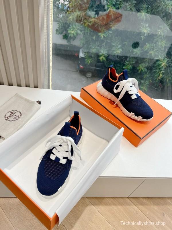 2024 Unisex Hermès Navy Brown Calfskin Suede Knit Sneakers MJ00290