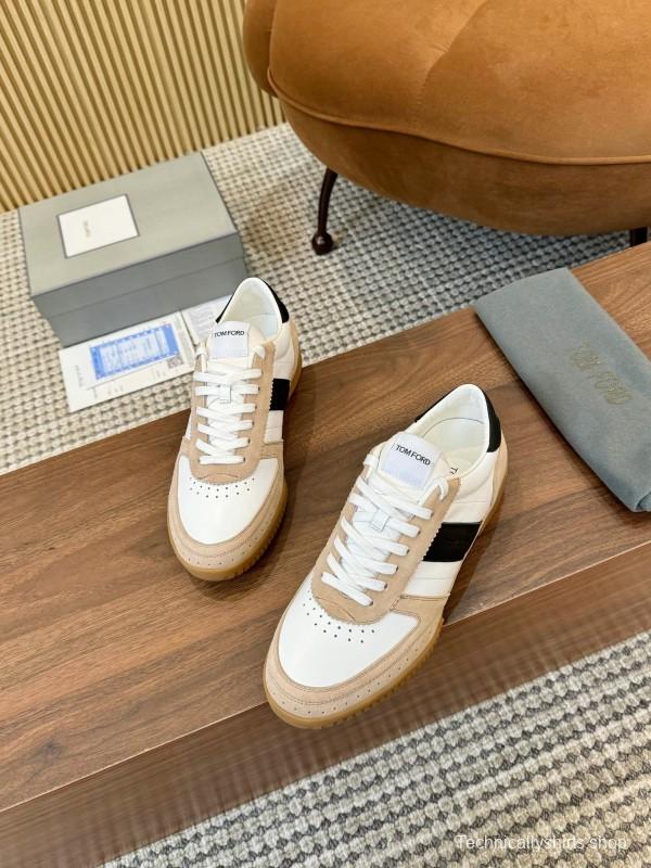 2025 Unisex TOM FORD White Black Beige Leather Suede Sneakers LY00360