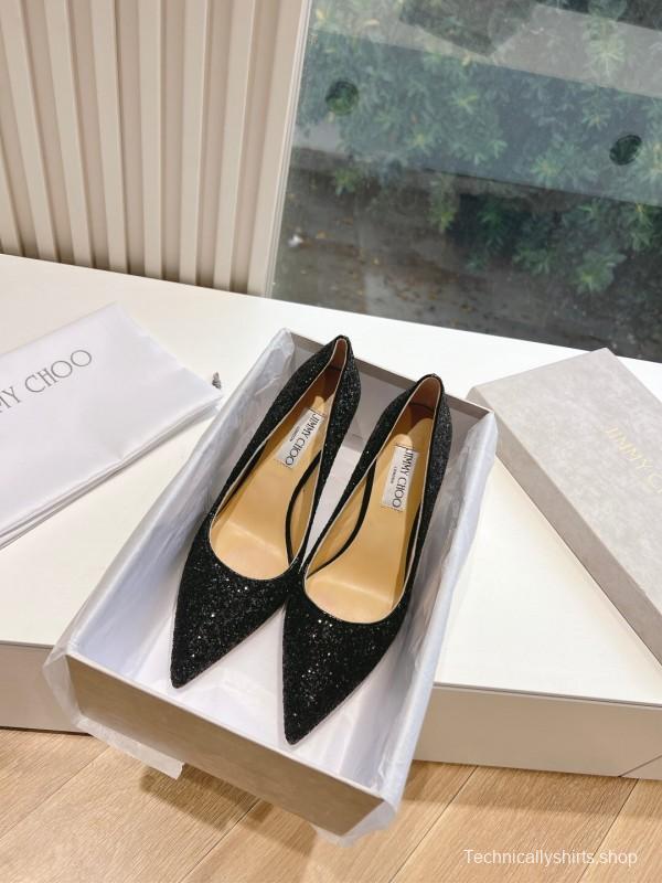 2025 Women Jimmy Choo Black Glitter Leather High Heel Pumps KFY00280