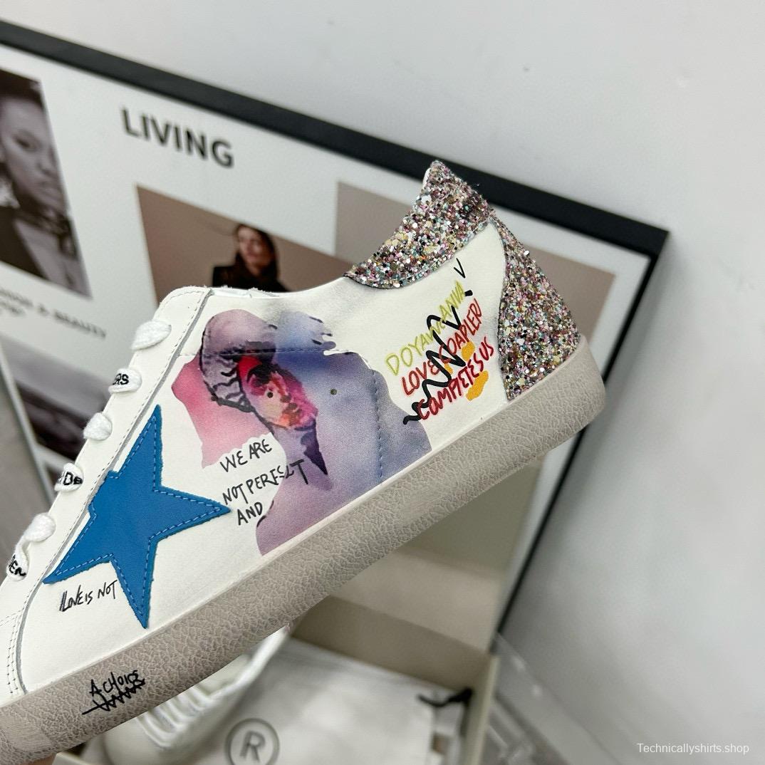 2025 Women GGDB White Blue Leather Sneakers