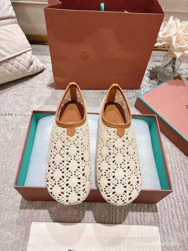 2025 Women LP Beige Brown Leather Crochet Ballet Flats