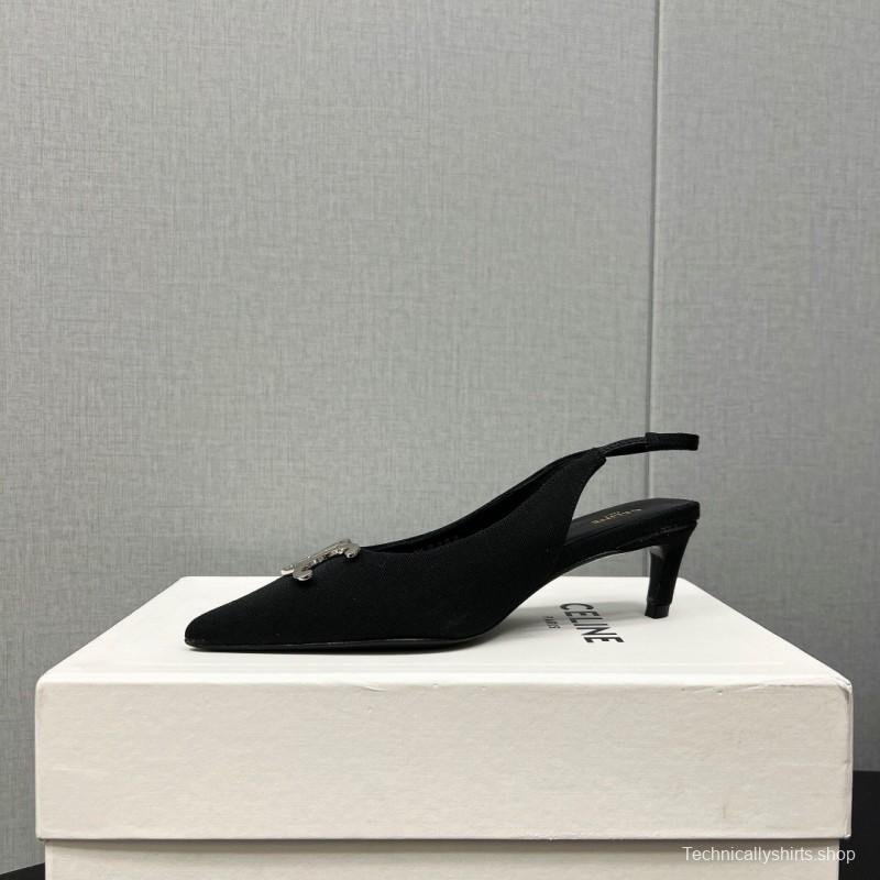 2025 Women Celine Black Fabric Leather Slingback Kitten Heels KFY00290