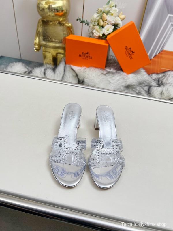 2025 Slippers Hermès Silver Leather Slippers MJ00180/215