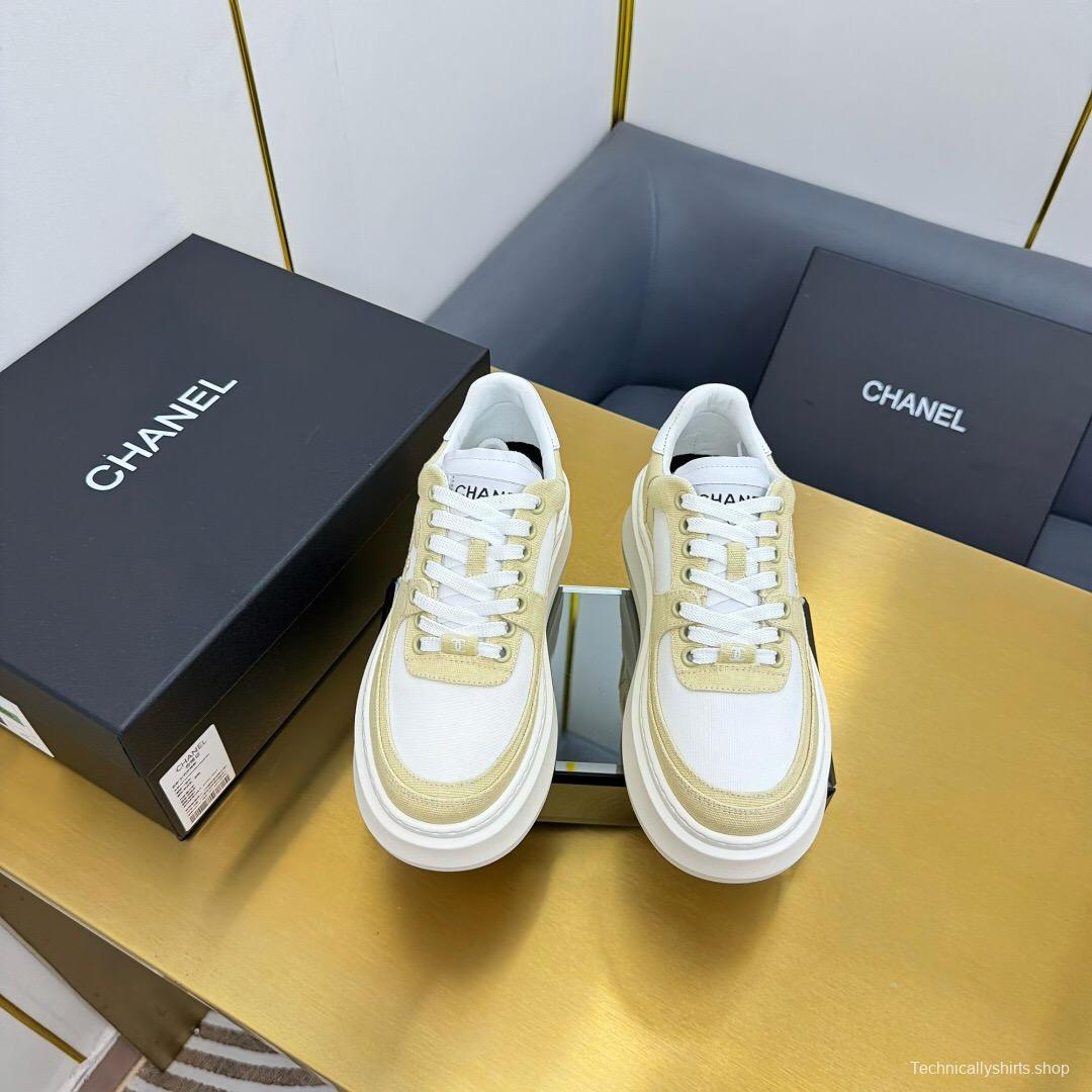 2025 Women Chanel Beige White Canvas Leather Sneakers