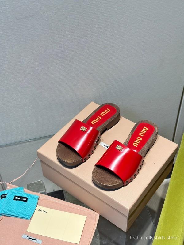 2025 Women Miu Miu Red Leather Slippers