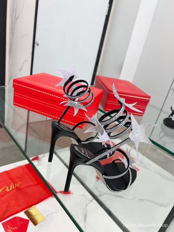 2025 Women RC Black Silver Silk Crystal High Heel Spiral Lace Sandals LY00340