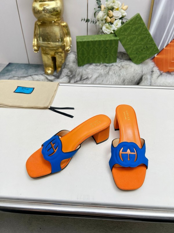 2025 Gucci Orange Blue Leather Slippers