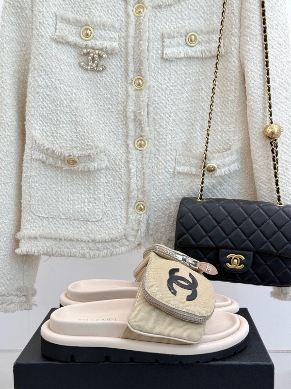 2025 Slippers Chanel Beige Fabric Slippers KFY00220