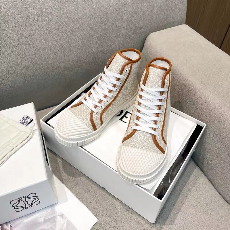 2025 Women Loewe White Brown Canvas High-top Sneakers LY00420