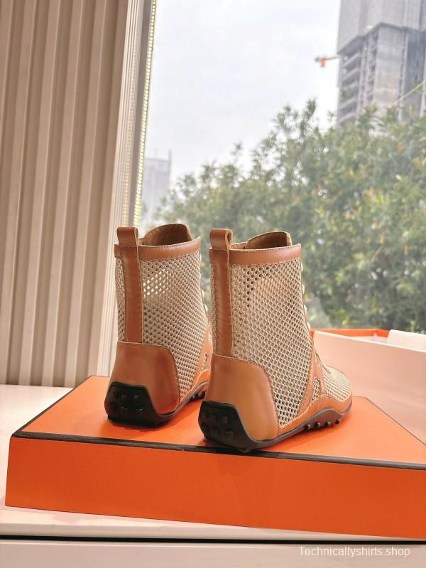 2025 Women Hermès Beige Brown Leather Mesh Boots